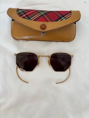 Gold Frame Sunglasses with Brown Lenses and Tan Plaid Case